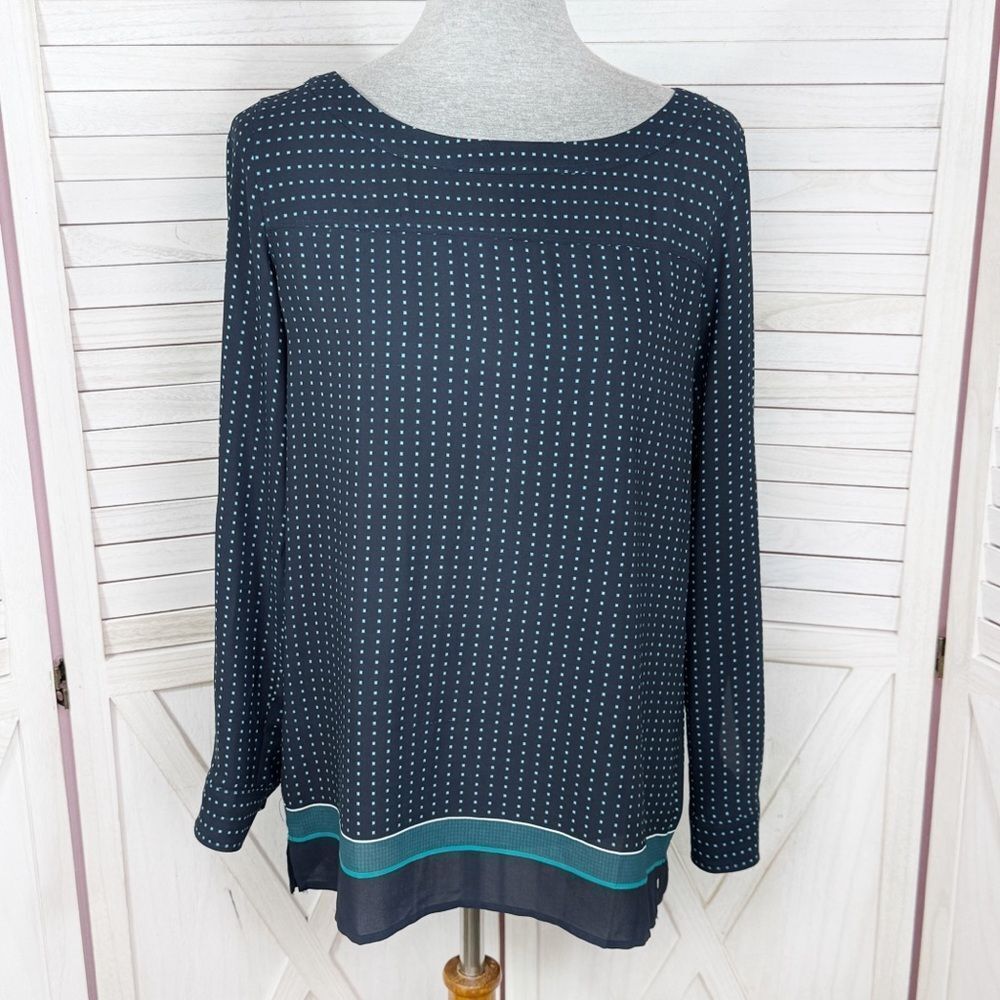 Loft Polka Dot Pleated Back Tunic Blouse Navy Blue Teal XS